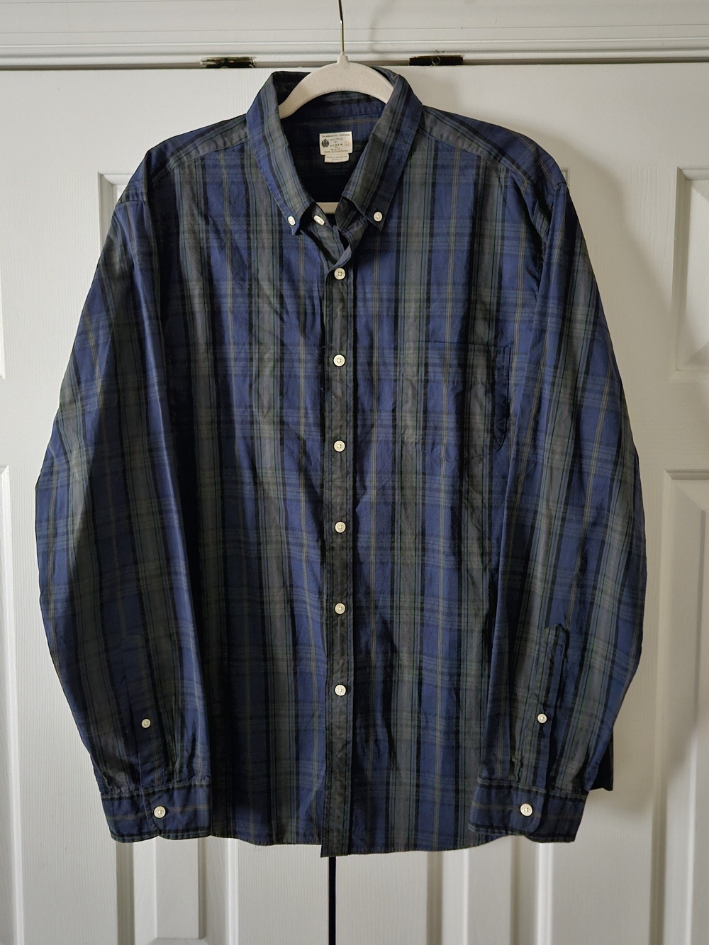 J.CREW Sunwashed Oxford Men's L Blue/Green Plaid Tailored Button-Down Shirt